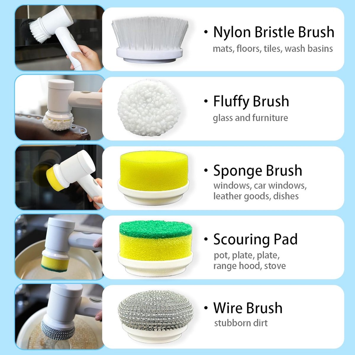 Electric Cleaning Brush - Electric Scrubber - Rechargeable and Cordless Scrubber - Scrubber with Handle - Mini - Polishing Machine - Scrubber Brush - For Bathroom, Kitchen, Dishes, Sink - 7 Attachments - Includes Wall Holder - Image 5