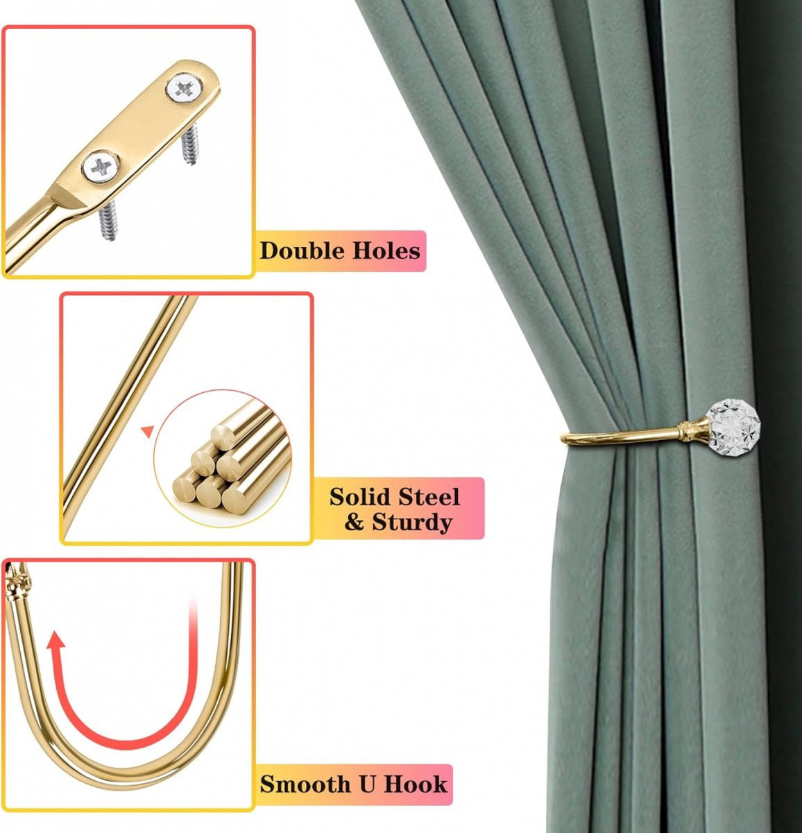 Curtain Tiebacks - 4-Piece Curtain Holders - High Quality - Curtain Tieback Hook - Tiebacks for Curtains - Curtain Bracket - Curtain Tie - For Curtains - Curtain Accessories - Drilling & Installation - Robust and Durable - Gold - Image 2