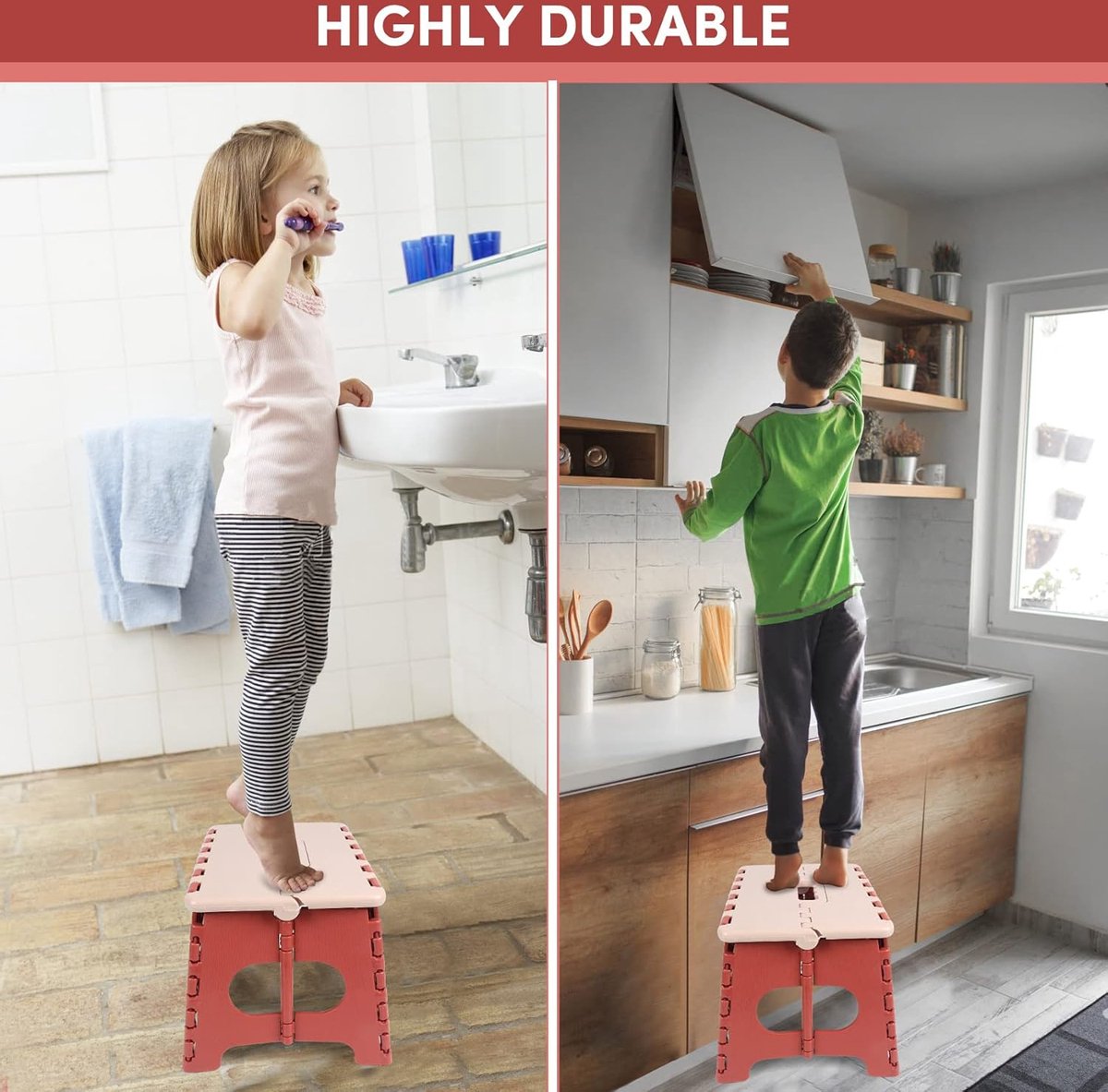Stool - Small Stool - Step Stool Foldable - Foldable Stool - Foldable Step Stool - Up to 100 kg - 31x25 cm - Safe - Non-slip - Space-saving - Red - Sturdy - Easily Foldable Stool - Portable Footstool - Image 3