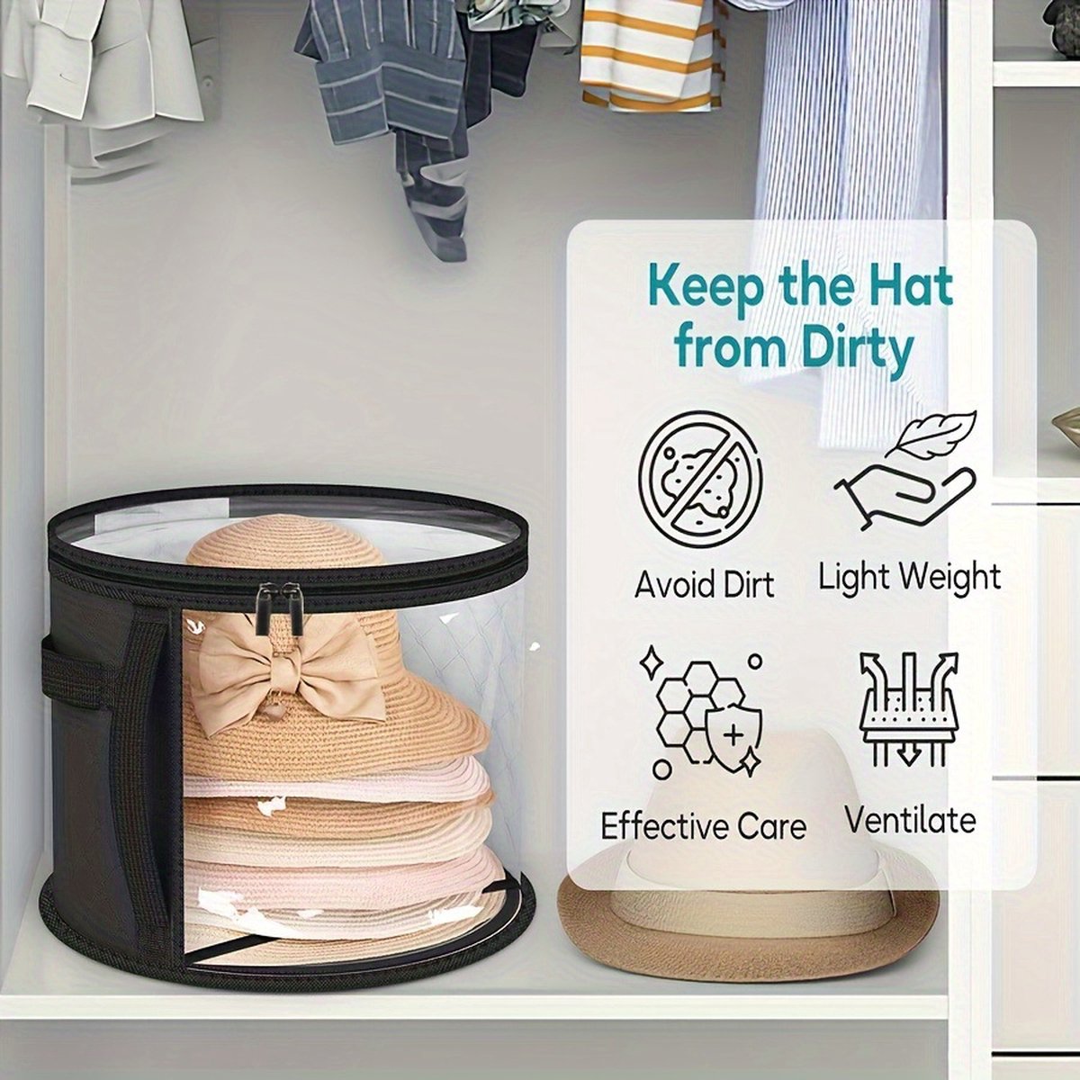 Hat Box - Hat Storage Box - Storage Box for Hats - Round Hat Boxes - Ø 42x27.8 cm - Stackable Hat Organizer - Foldable Round Brim Hat Organizer Bag - With Zipper, Transparent Window - Black - 1 Piece - Image 3