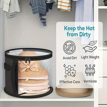 Hat Box - Hat Storage Box - Storage Box for Hats - Round Hat Boxes - Ø 42x27.8 cm - Stackable Hat Organizer - Foldable Round Brim Hat Organizer Bag - With Zipper, Transparent Window - Black - 1 Piece - Image 3