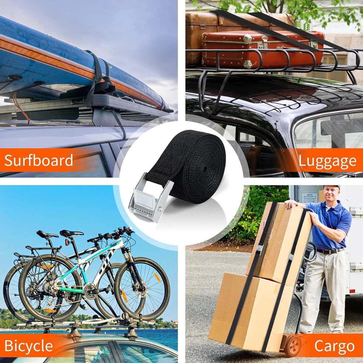 8 High Quality Tie-Down Straps - 20mm X 1m - Lashing Straps / Bicycle Tie-Down Straps with Clamp Buckle - Tie-Down Straps with Metal Buckle - Durable - Sturdy - Portable - Tear-Resistant - Black - Tie-Down Straps - Fastening Straps - Image 2