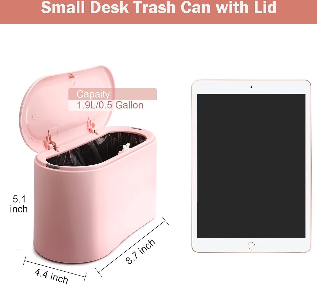 Trash Can - Sensor Trash Can - Sturdy - Countertop Waste Bin - Mini Trash Can - Desktop - Tabletop Waste Bin - Plastic Trash Can - Bathroom Waste Bin - Recycling Waste Bin - Car Trash Can - Pink - Office Trash Cans - Home / Office - Image 2