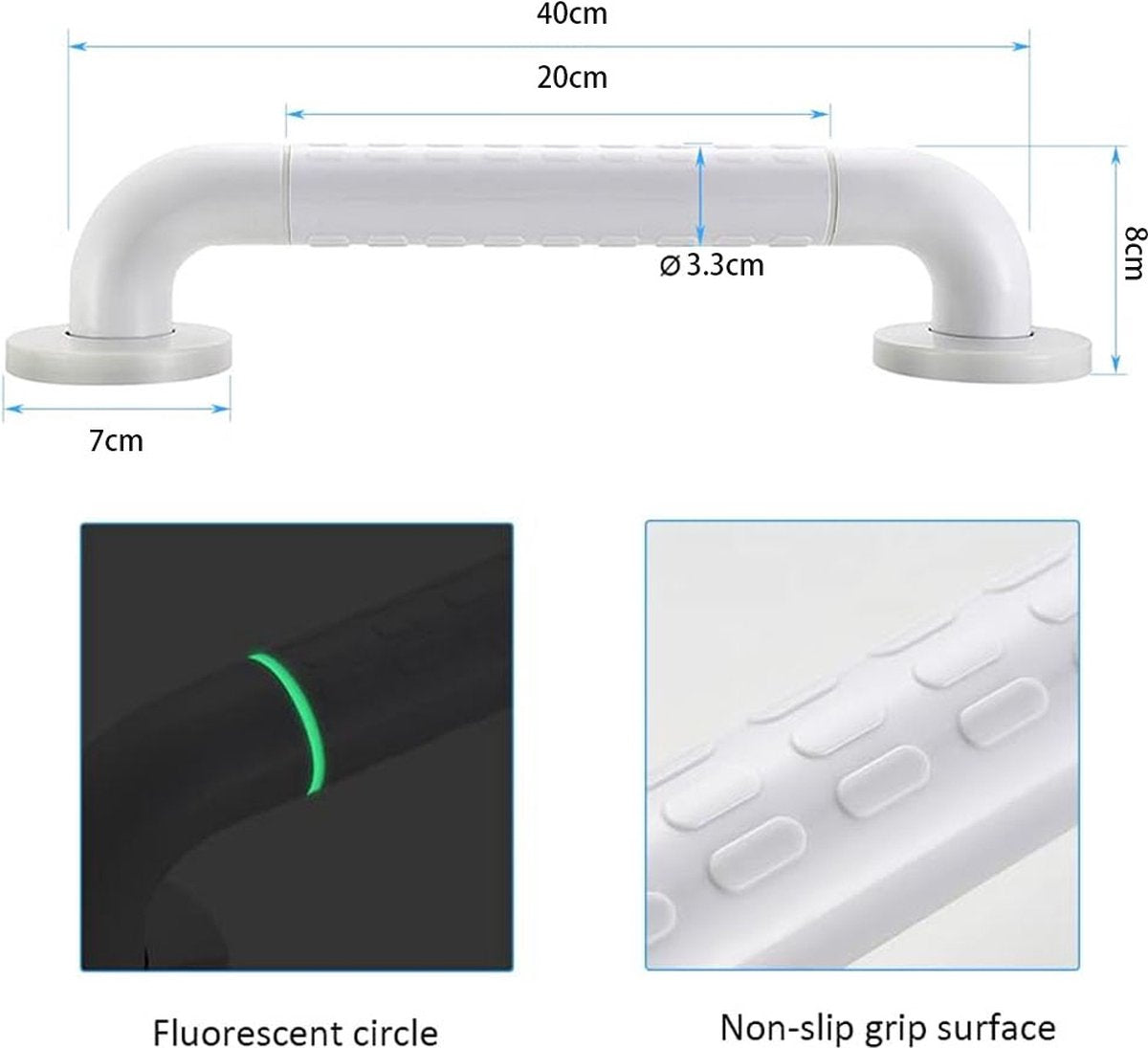 Wall Grab Bar - Extra Grip - 40cm - Luminous Circle - Handle/Wall Grab Bar for Bathroom/Shower/Toilet - Toilet Grab Bar/Bath Grab Bar/Shower Grab Bar - Non-Slip Grab Bar - Bathroom Handle - Anti-Slip Texture - Bathroom - Stairs - Mounting Hardware Include - Image 5