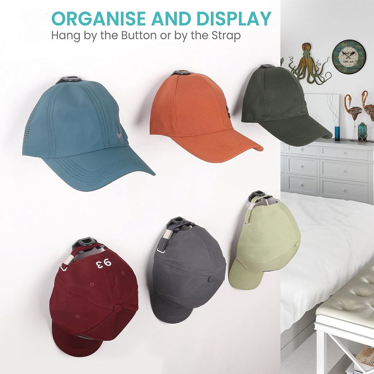Cap Rack Set of 8 - Wall Cap Holders - Cap Hooks - With Screws and Tape - Two Installation Methods - Cap Rack Coat Rack - Cap Rack Storage System - Cap Storage Bag - Hat Holder - Cap Organizer - Double Suspension - Black - Image 3