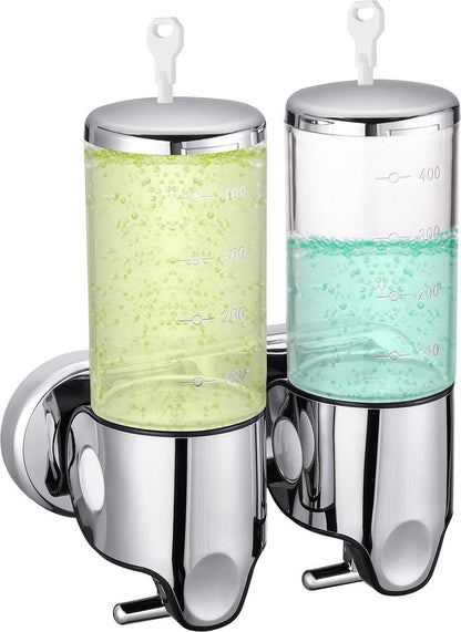 Wall-Mounted Soap Dispenser - 2 Reservoirs - 2x500ml - Stainless Steel - Shampoo Dispenser - Large Capacity - Refillable - Portable - Durable - Hanging Soap Dispenser - Soap Pump - Soap Pump - With Screws - Easy to Install - For Bathroom, Hotel, Kitchen