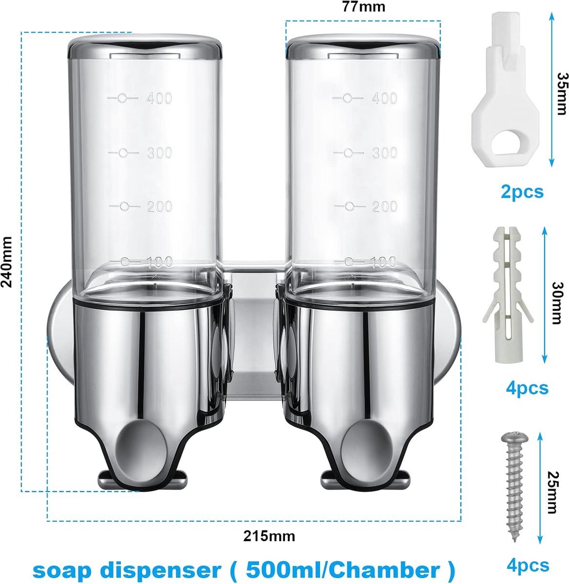 Wall-Mounted Soap Dispenser - 2 Reservoirs - 2x500ml - Stainless Steel - Shampoo Dispenser - Large Capacity - Refillable - Portable - Durable - Hanging Soap Dispenser - Soap Pump - Soap Pump - With Screws - Easy to Install - For Bathroom, Hotel, Kitchen - Image 2
