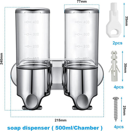 Wall-Mounted Soap Dispenser - 2 Reservoirs - 2x500ml - Stainless Steel - Shampoo Dispenser - Large Capacity - Refillable - Portable - Durable - Hanging Soap Dispenser - Soap Pump - Soap Pump - With Screws - Easy to Install - For Bathroom, Hotel, Kitchen - Image 2