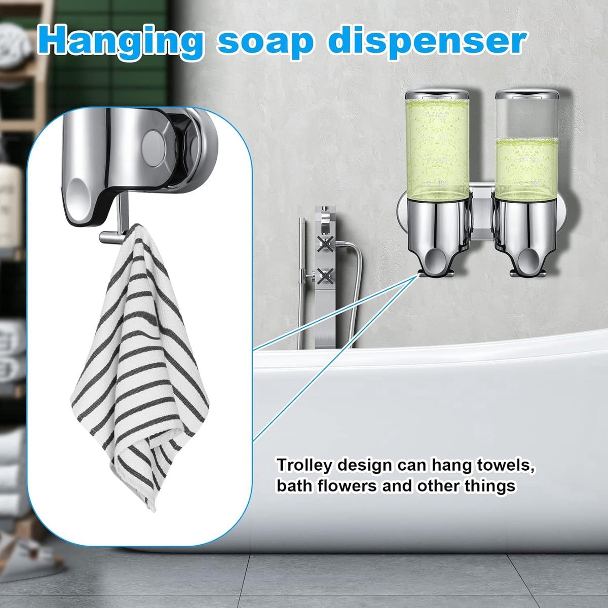 Wall-Mounted Soap Dispenser - 2 Reservoirs - 2x500ml - Stainless Steel - Shampoo Dispenser - Large Capacity - Refillable - Portable - Durable - Hanging Soap Dispenser - Soap Pump - Soap Pump - With Screws - Easy to Install - For Bathroom, Hotel, Kitchen - Image 4