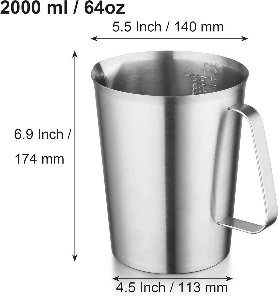Measuring Cup with Pouring Spout - Measuring Cups with Scale - 2 Liters - Small Measuring Cups - Measuring Cups - Measuring Beaker - Cups - Measuring Jug - Measuring Cup - 304 Stainless Steel - 14.5 x 17 x 14.5 Cm (L x W x H) - Silver - For Precise Weighi - Image 5