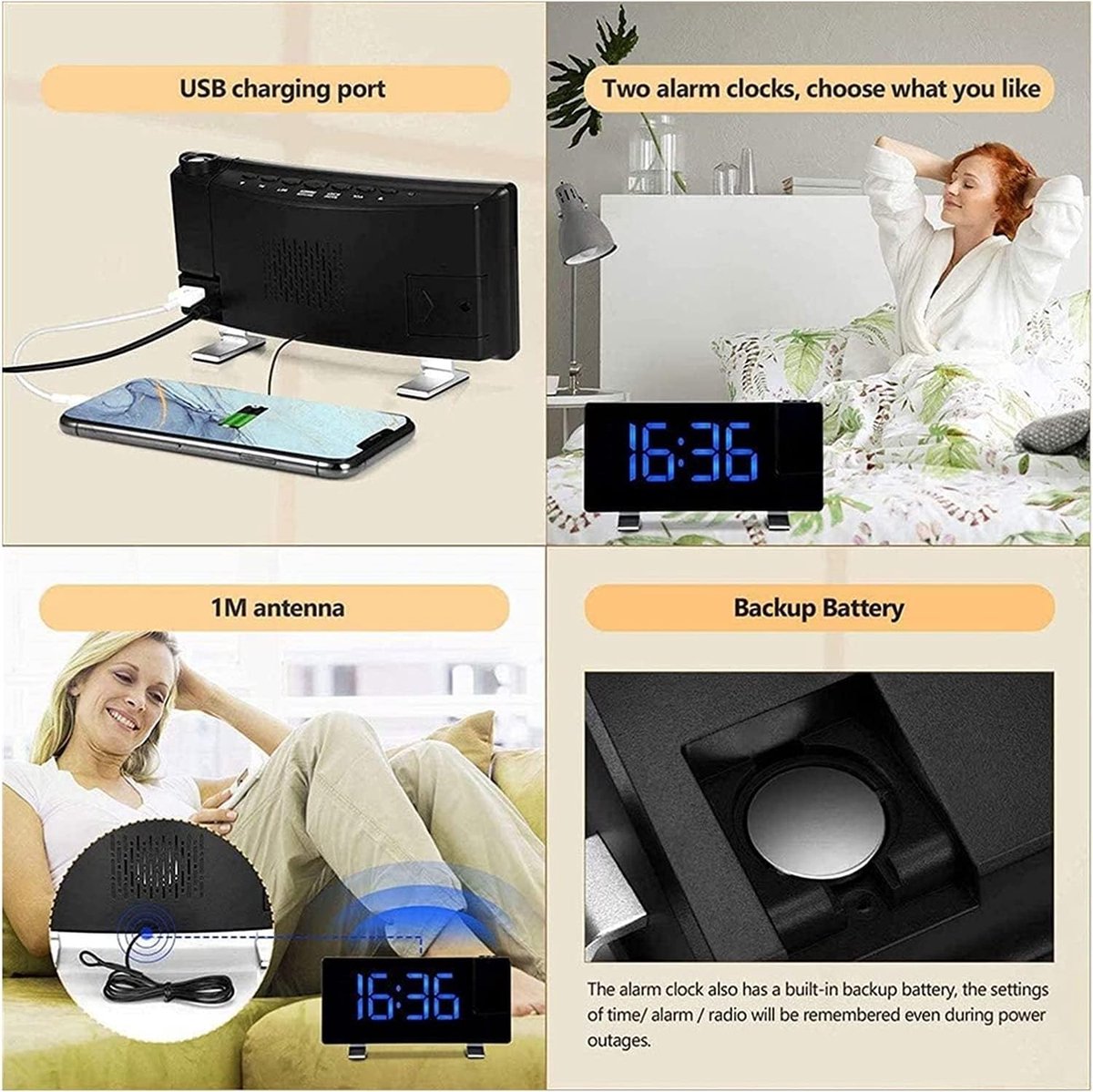 Alarm clock - radio - clock - Projection alarm clock - Digital alarm clock - Projection clock - Alarm clock radio - Clock radio - digital clock - projection clock - 360 degrees - LED - Adjustable brightness - Loud enough - for bedroom / living room / offi - Image 2