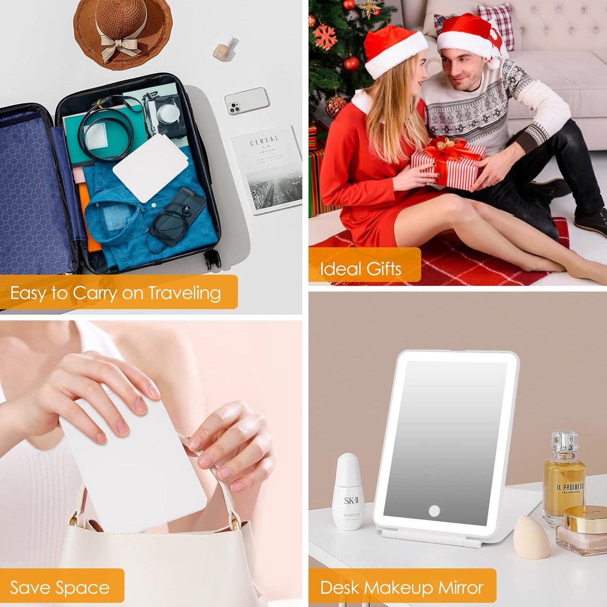 Rechargeable travel makeup mirror with lighting - 10x magnification - portable illuminated makeup mirror - 80 LEDs - 2000 mAh battery - 3-color lighting - touch dimming - tabletop - Image 4