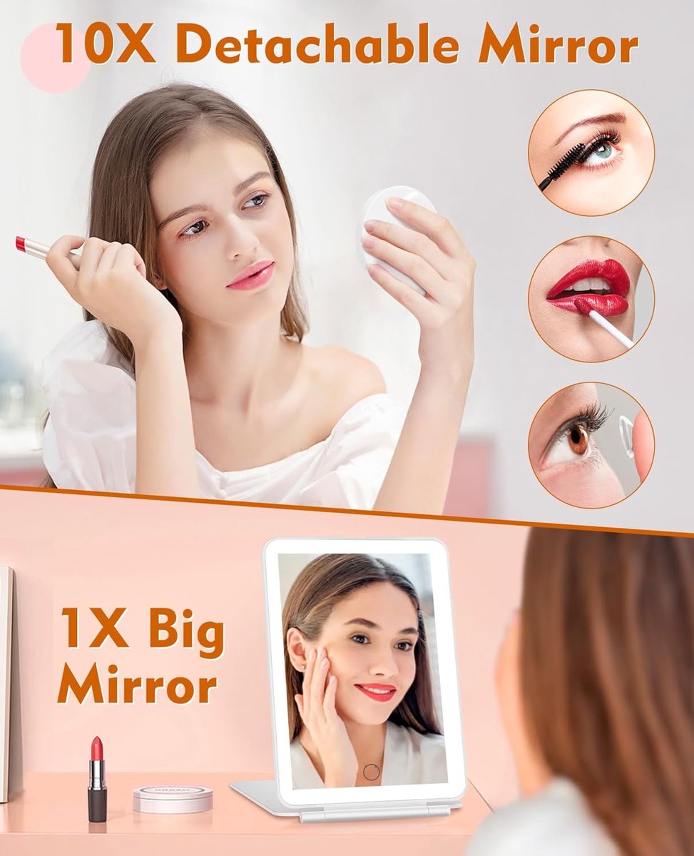 Rechargeable travel makeup mirror with lighting - 10x magnification - portable illuminated makeup mirror - 80 LEDs - 2000 mAh battery - 3-color lighting - touch dimming - tabletop - Image 5