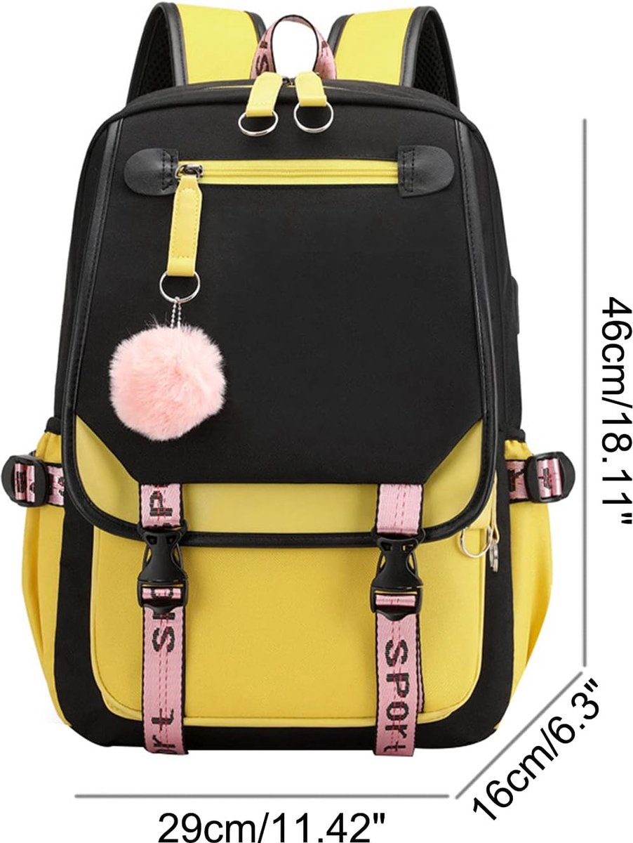 Girls School Student School Bag Outdoor Backpack With USB Charging Port, Black Yellow - School Bag - Backpack - Rucksack - School - Girls - Boys - Teenagers - Book Bag - Girl's Backpack - Backpacks - Rucksack For Children - Waterproof - Laptop Backpack - Image 3