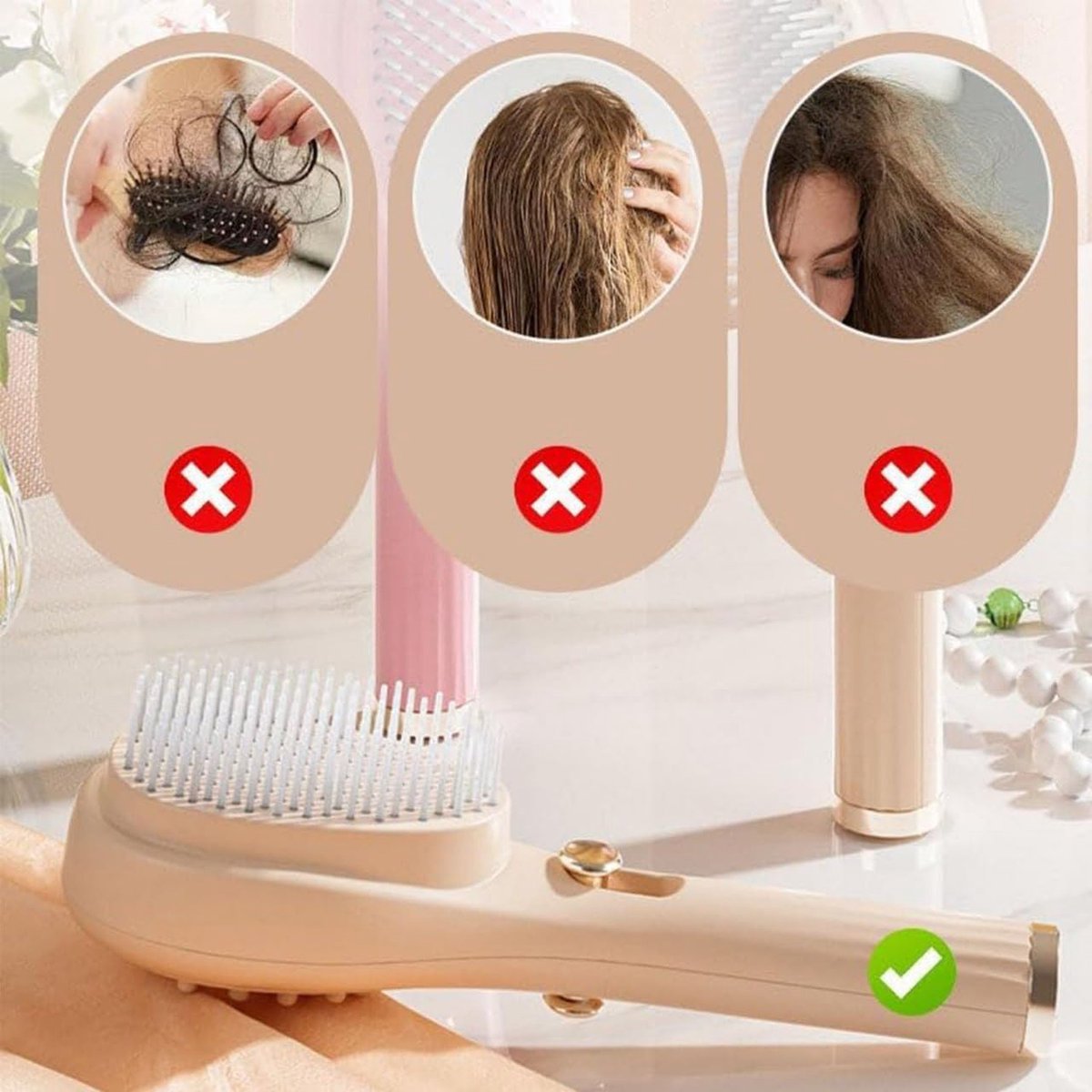 Anti-Tangle Hairbrush - Telescopic Self-Cleaning Brush - Head Massager - Hairbrushes for Women - Air Cushion Massage Combs - Multifunctional Anti-Static Massage Comb - Cleaning with One Click - Beige - 1 Piece - Image 3