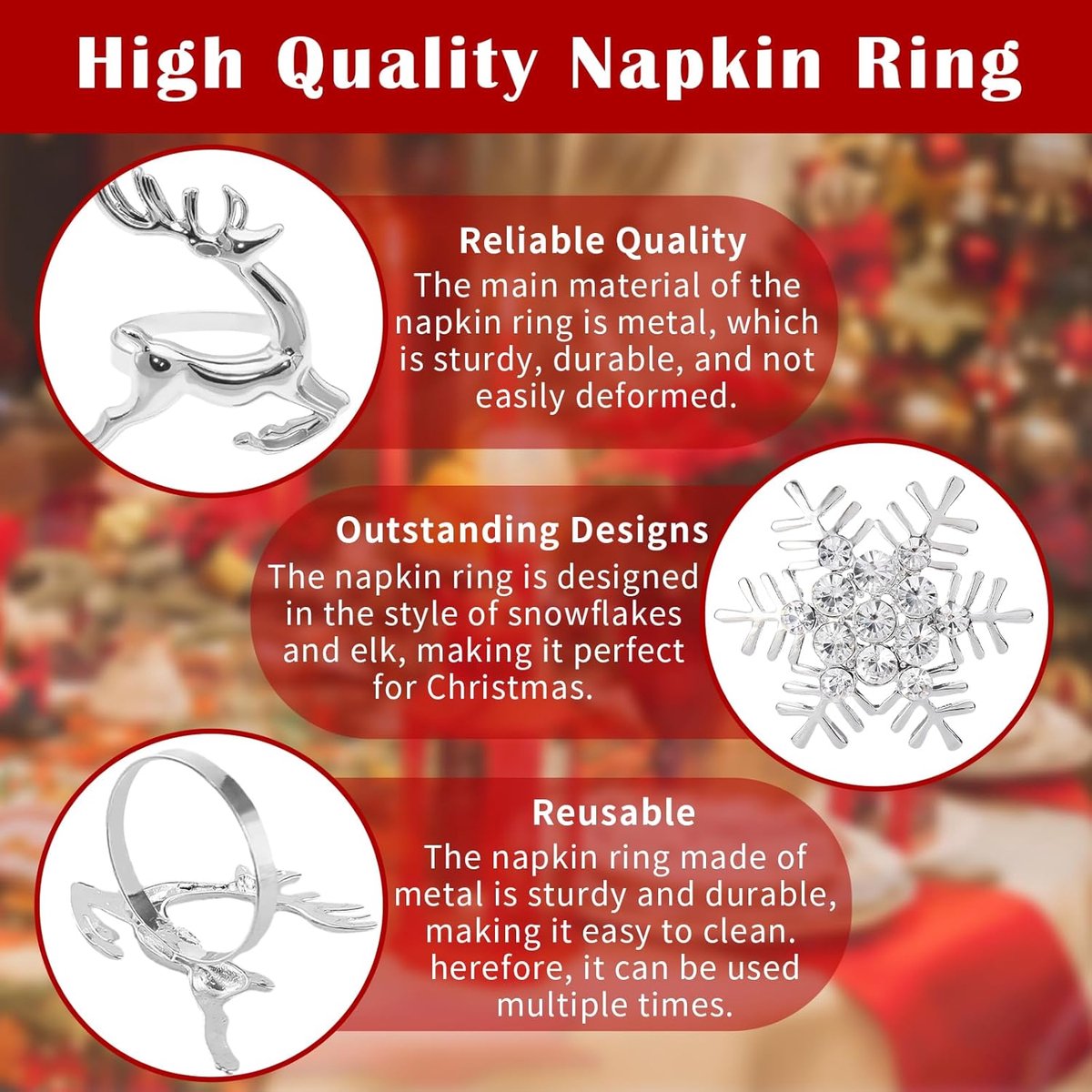 Napkin Rings for Christmas - 12 Pieces - Moose & Snowflakes - Silver Napkin Ring - Napkin Rings Table Decoration - Napkin Rings for Christmas, Thanksgiving, Wedding - Image 5