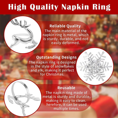 Napkin Rings for Christmas - 12 Pieces - Moose & Snowflakes - Silver Napkin Ring - Napkin Rings Table Decoration - Napkin Rings for Christmas, Thanksgiving, Wedding - Image 5
