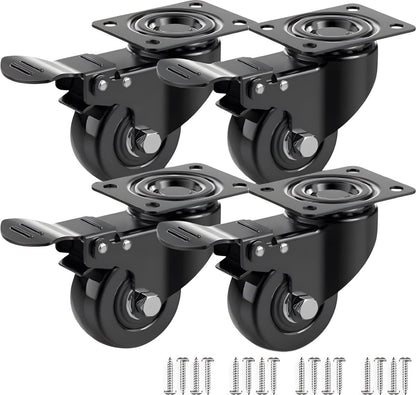 Heavy-Duty Swivel Casters with Brakes - Set of 4 - 50 mm up to 200 kg - With Screws - Swivel Casters - Rubber Trolley Wheels - Cart Wheels - Transport Cart - Casters for Furniture - Flexible - Durable - Black