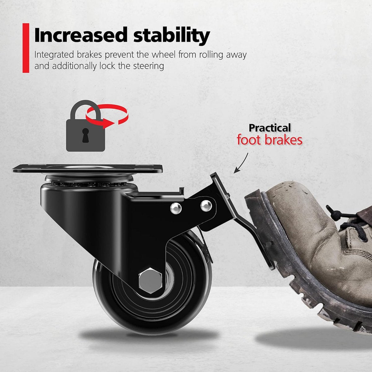 Heavy-Duty Swivel Casters with Brakes - Set of 4 - 50 mm up to 200 kg - With Screws - Swivel Casters - Rubber Trolley Wheels - Cart Wheels - Transport Cart - Casters for Furniture - Flexible - Durable - Black - Image 3