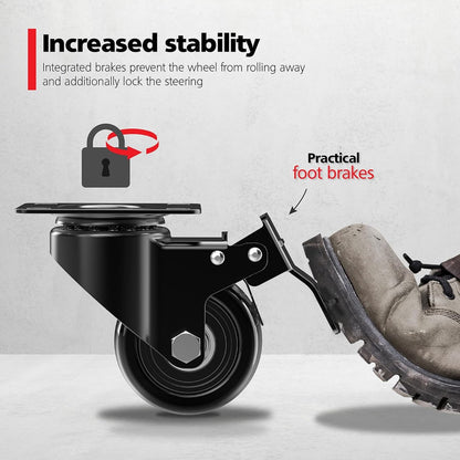 Heavy-Duty Swivel Casters with Brakes - Set of 4 - 50 mm up to 200 kg - With Screws - Swivel Casters - Rubber Trolley Wheels - Cart Wheels - Transport Cart - Casters for Furniture - Flexible - Durable - Black - Image 3