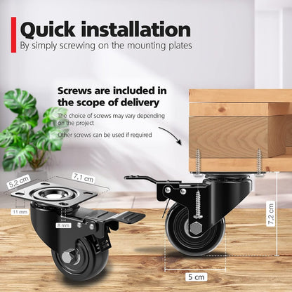 Heavy-Duty Swivel Casters with Brakes - Set of 4 - 50 mm up to 200 kg - With Screws - Swivel Casters - Rubber Trolley Wheels - Cart Wheels - Transport Cart - Casters for Furniture - Flexible - Durable - Black - Image 4