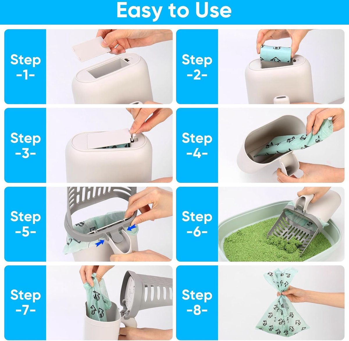 Cat Litter Scoop with Collection Tray - Cleaning Cat Litter - Ergonomic - With 8 Rolls of Waste Bags - Holder and Disposal System for Cat Litter in 1 - Litter Scoop with Container - Dirt-Free Cat Litter Scoop - Grey - Image 3