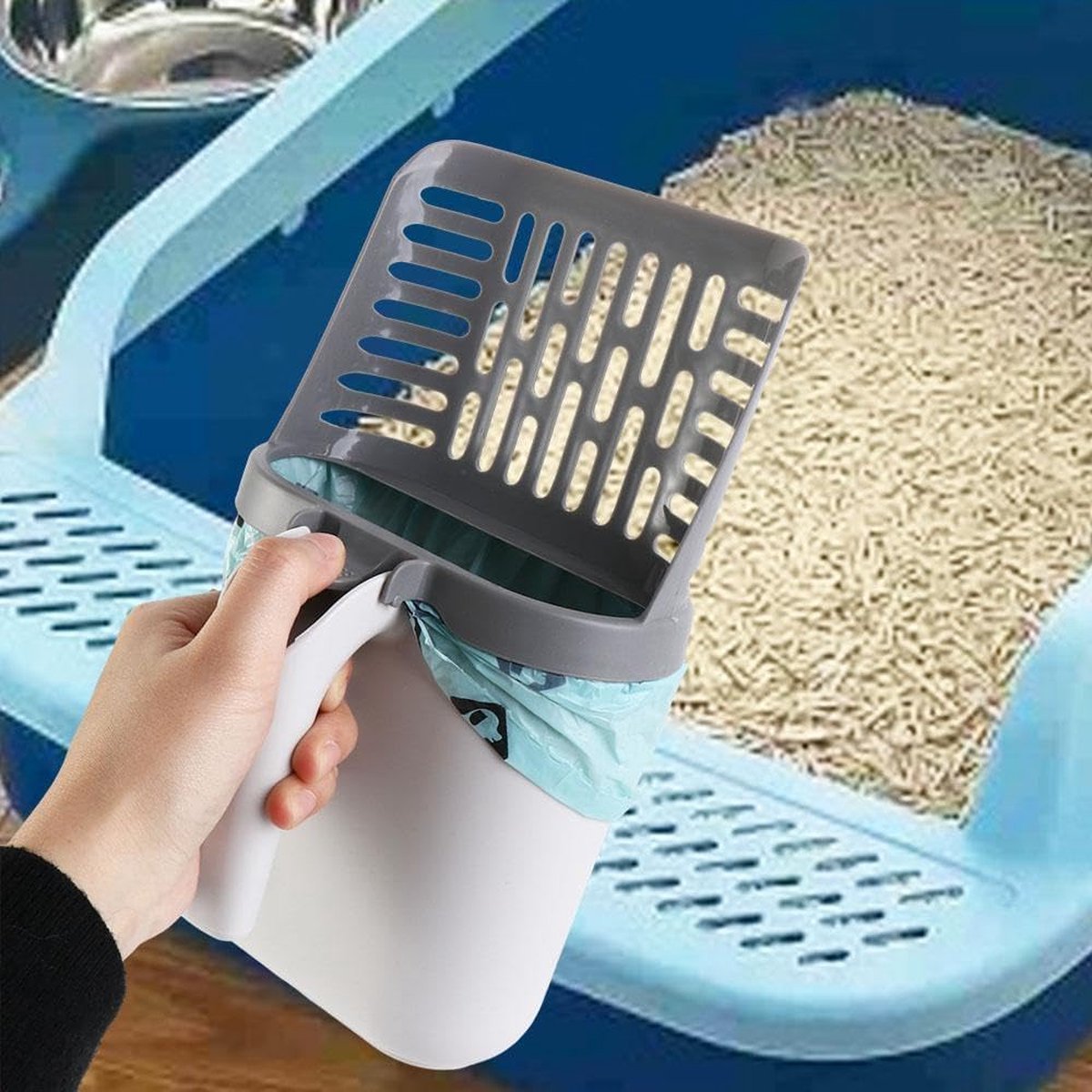 Cat Litter Scoop with Collection Tray - Cleaning Cat Litter - Ergonomic - With 8 Rolls of Waste Bags - Holder and Disposal System for Cat Litter in 1 - Litter Scoop with Container - Dirt-Free Cat Litter Scoop - Grey - Image 4