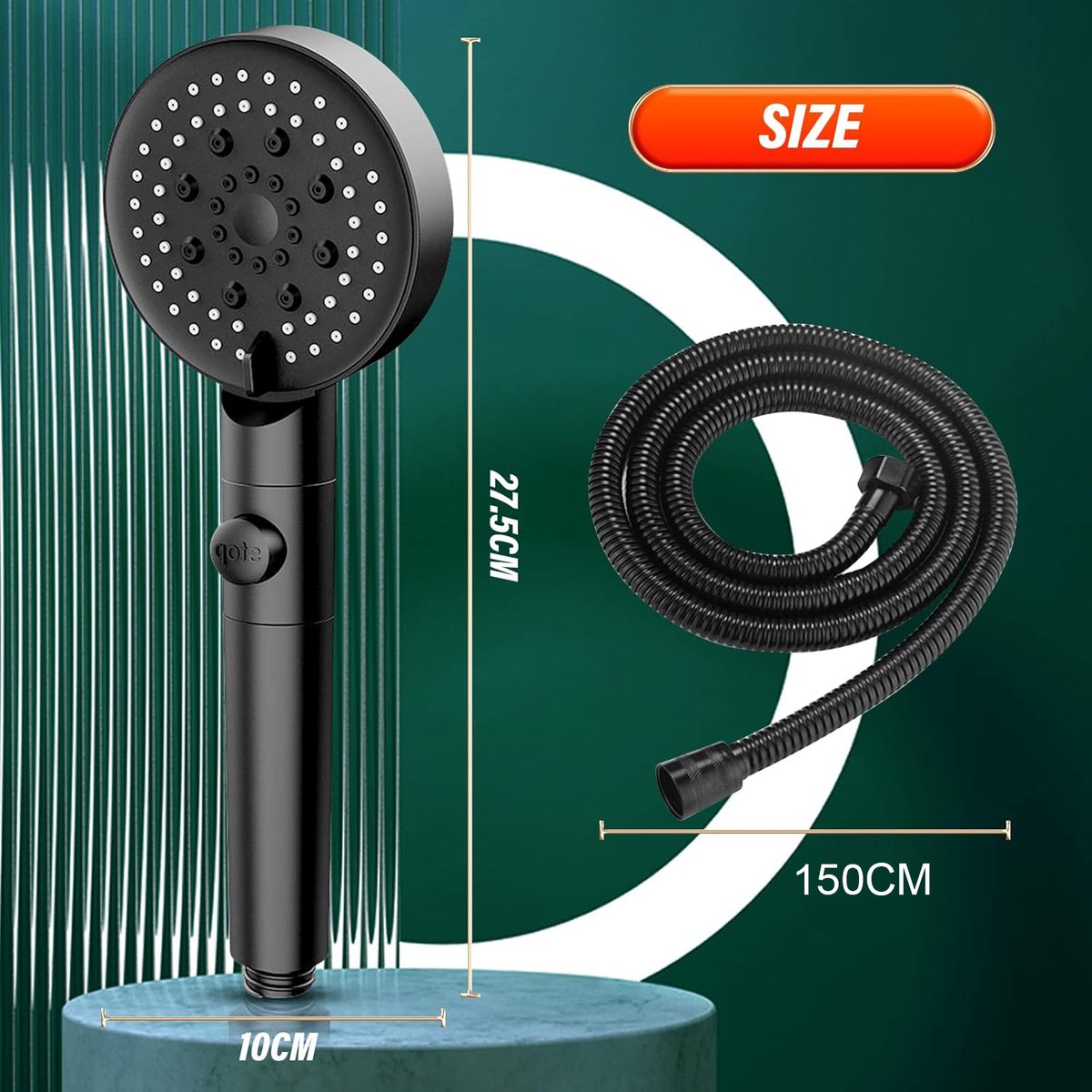 Shower Head - Shower Set - 6 Spray Modes - Water Saving - High Pressure - With 1.5m Explosion-Proof Hose and Self-Adhesive Holder - Rain Shower - Wellness - Hand Shower - Black - Bathroom Accessories - For Better Skin and Hair - High Quality - Durable - Image 2