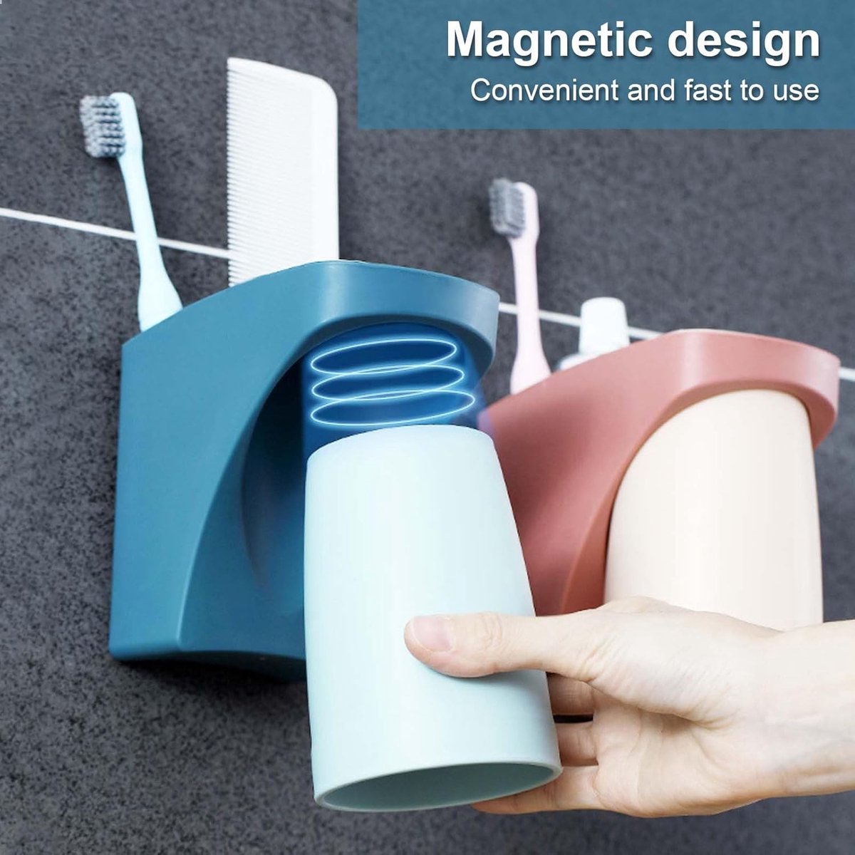 Toothbrush Holder - Toothbrush Box - Wall Mounted - Bathroom Organizer - Toothbrush Organizer - Toothbrush Holder with Magnetic Cup - No Drilling Required - For Family, Children - Blue+Red - 2 Pieces - Image 2