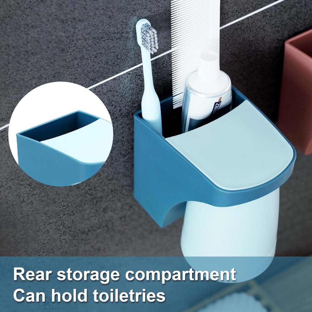 Toothbrush Holder - Toothbrush Box - Wall Mounted - Bathroom Organizer - Toothbrush Organizer - Toothbrush Holder with Magnetic Cup - No Drilling Required - For Family, Children - Blue+Red - 2 Pieces - Image 3