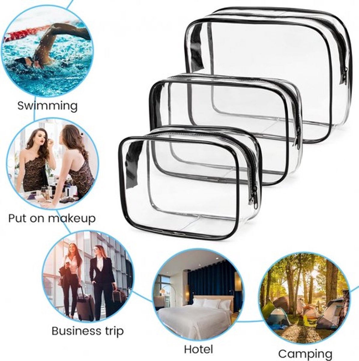 Transparent Travel Toiletry Bag Set - 3 Pieces - Toiletries Travel Bag - Makeup Bag - Makeup Pouches - Travel Organizers - Beauty Case - Travel Organizer - Transparent Packing Cubes Suitcase Organizer - Cosmetics Bag - Waterproof - Black/Transparent - Image 3