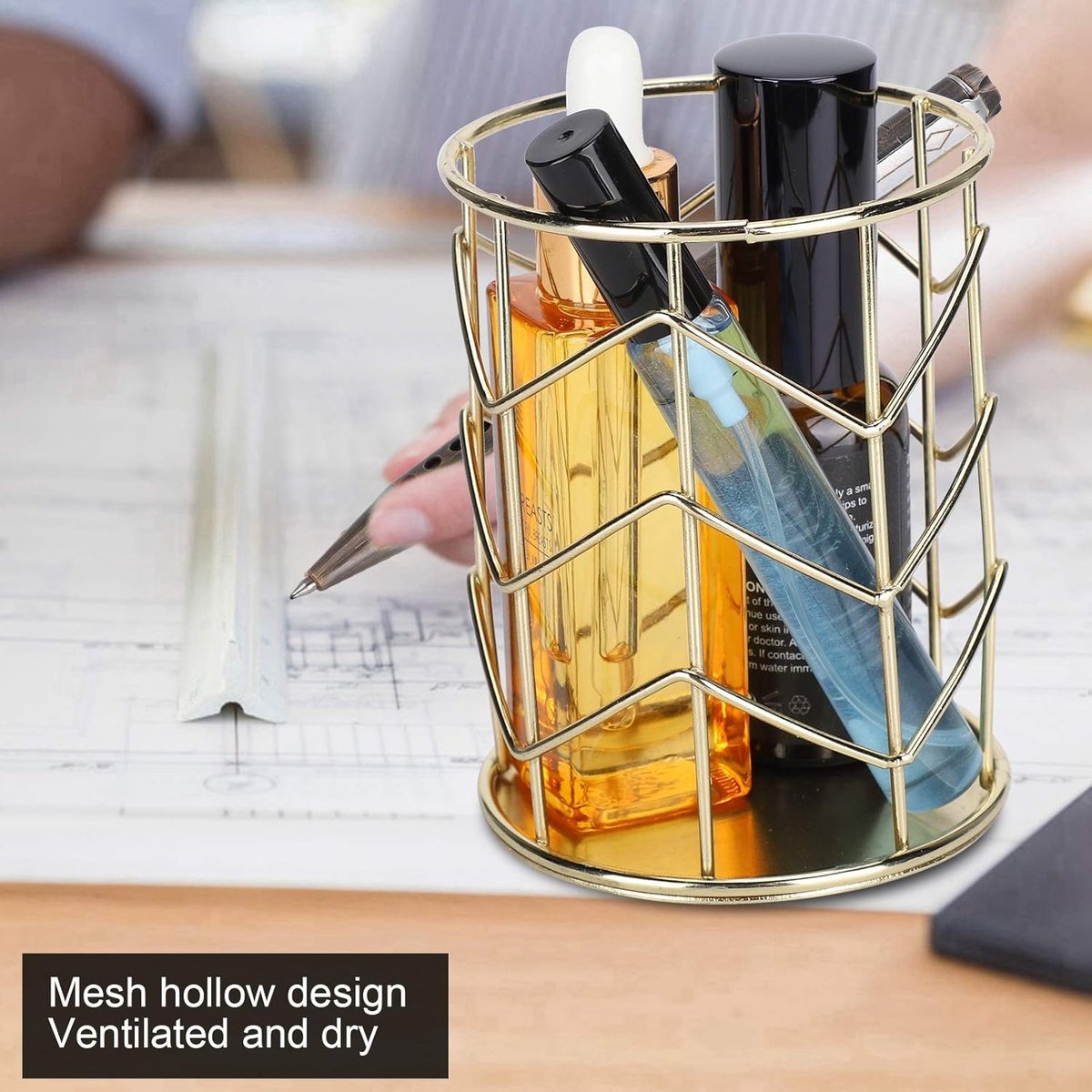 Pen Tray - Pen Holder - Pen Tray - Desk Organizer - Desk Organizer - Desk - Metal - Round - Gold - 2 Pieces - Image 3