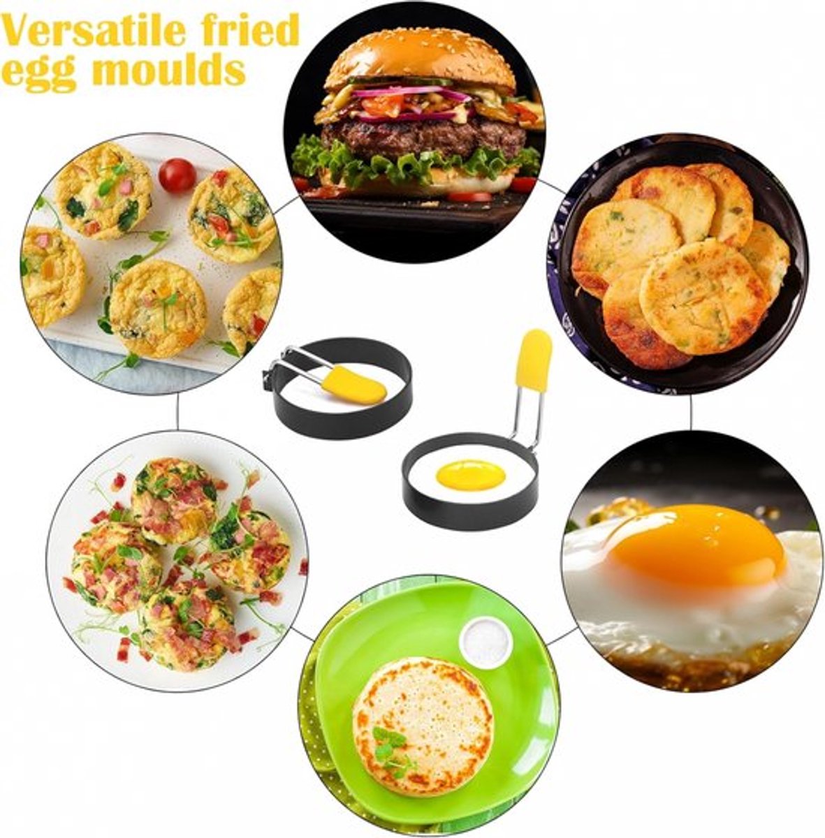 Egg Baking Mold - 4 Pieces - Stainless Steel - Egg Pancake - Fried Egg Mold - Egg Ring - Fried Egg Pancake - With Oil Brush - Frying Eggs - Egg Mold - Egg Molds - Small Egg Shapes - Perfect Round Egg - Baking Mold - Round - Black - Image 2