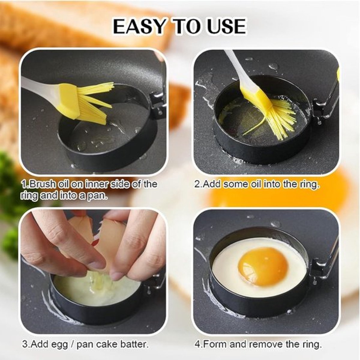 Egg Baking Mold - 4 Pieces - Stainless Steel - Egg Pancake - Fried Egg Mold - Egg Ring - Fried Egg Pancake - With Oil Brush - Frying Eggs - Egg Mold - Egg Molds - Small Egg Shapes - Perfect Round Egg - Baking Mold - Round - Black - Image 3