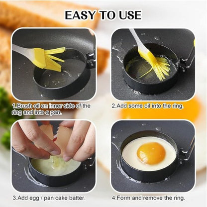 Egg Baking Mold - 4 Pieces - Stainless Steel - Egg Pancake - Fried Egg Mold - Egg Ring - Fried Egg Pancake - With Oil Brush - Frying Eggs - Egg Mold - Egg Molds - Small Egg Shapes - Perfect Round Egg - Baking Mold - Round - Black - Image 3