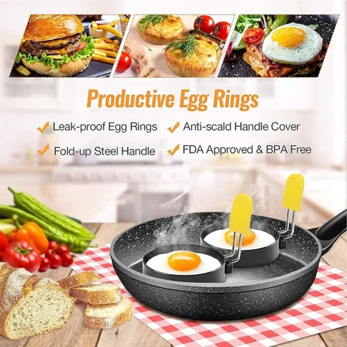Egg Baking Mold - 4 Pieces - Stainless Steel - Egg Pancake - Fried Egg Mold - Egg Ring - Fried Egg Pancake - With Oil Brush - Frying Eggs - Egg Mold - Egg Molds - Small Egg Shapes - Perfect Round Egg - Baking Mold - Round - Black - Image 4