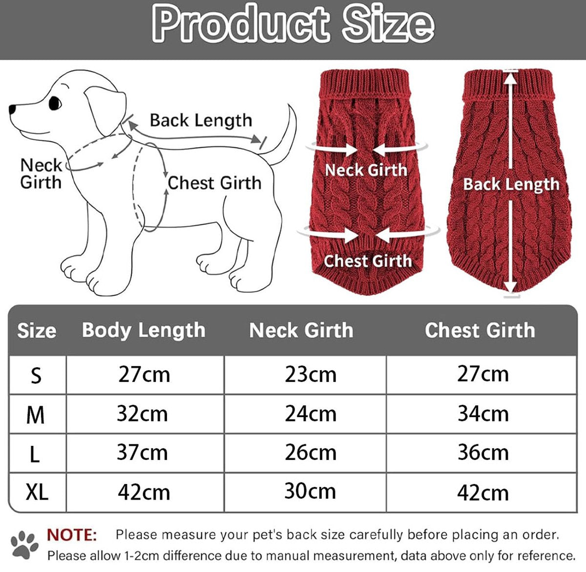 Dog Sweater - Puppy Soft Turtleneck - Size M - Back Length 30cm - Dog Bodywarmer - Dog Coat - Winter Dog Cardigan - For Small to Medium Dogs and Cats - Knitted Clothing - Winter Dog Clothing - Sweater - Christmas Gifts for Pets - Red - Image 2