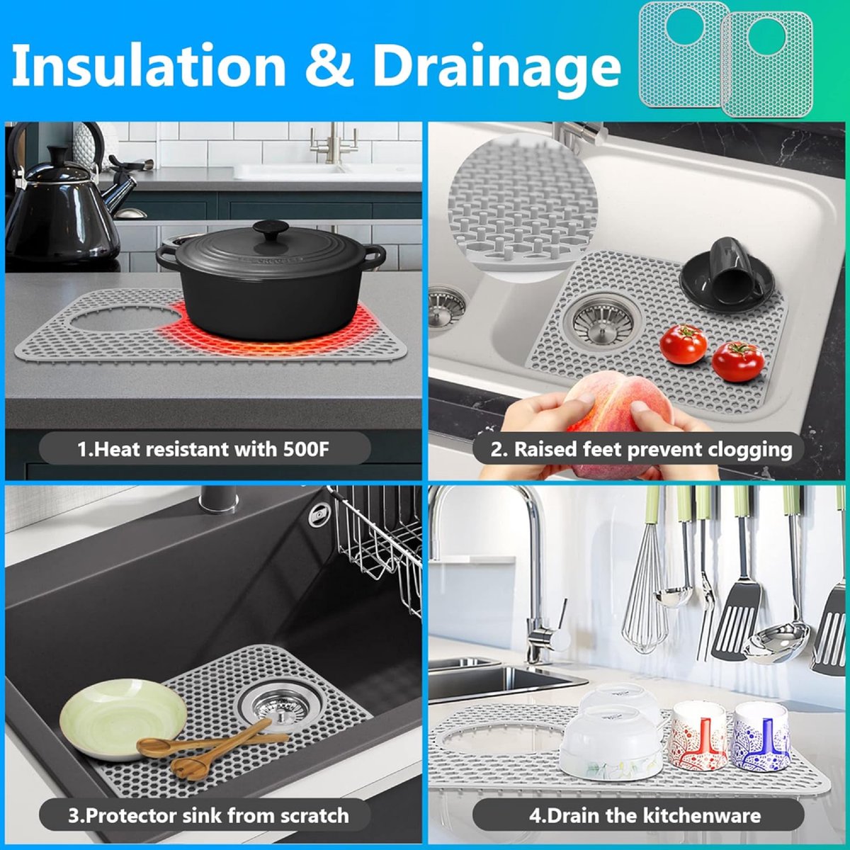 Sink Mat - Grey - 30 X 35 Cm - Kitchen Accessories - Sink Protector - Sink Mat - Washbasin Mat - Draining Mat - Countertop Mat - Silicone Coasters - Silicone - Anti-Scratch - Sink Accessories - For Sink, Cutlery And Glassware - Image 4