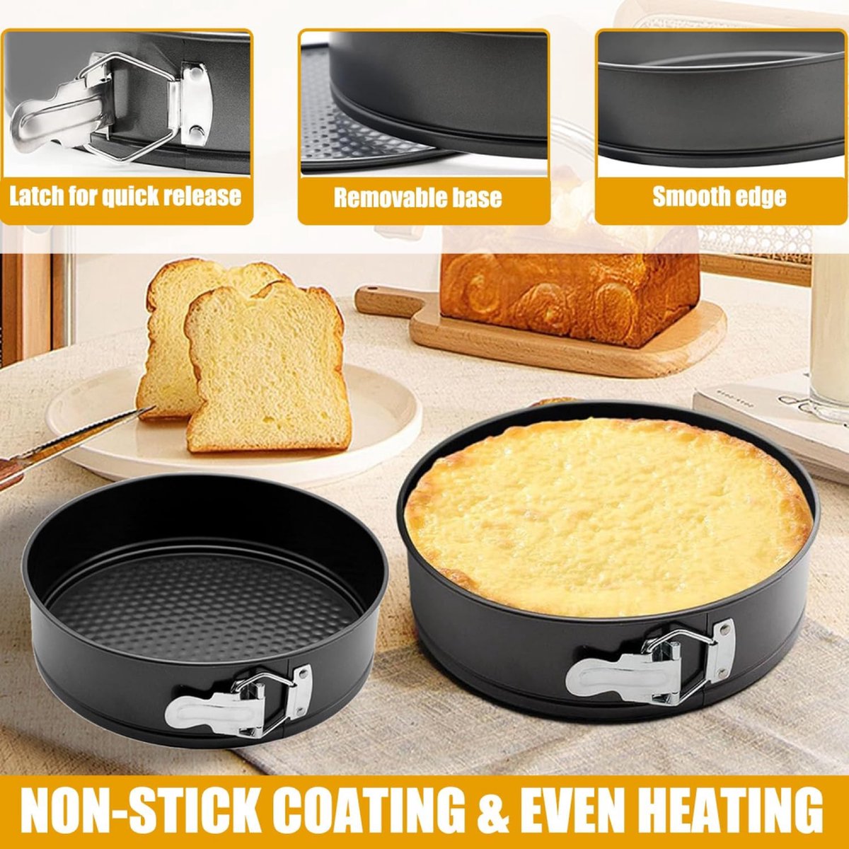 3-Piece Round Springform Set - Round Baking Tin - Cake Pan - Non-Stick Baking Pan - 20, 22 and 24cm - Removable Base - Bakes Evenly - Baking Set - Cake Pan - Dishwasher Safe - Metal - Black - Image 3