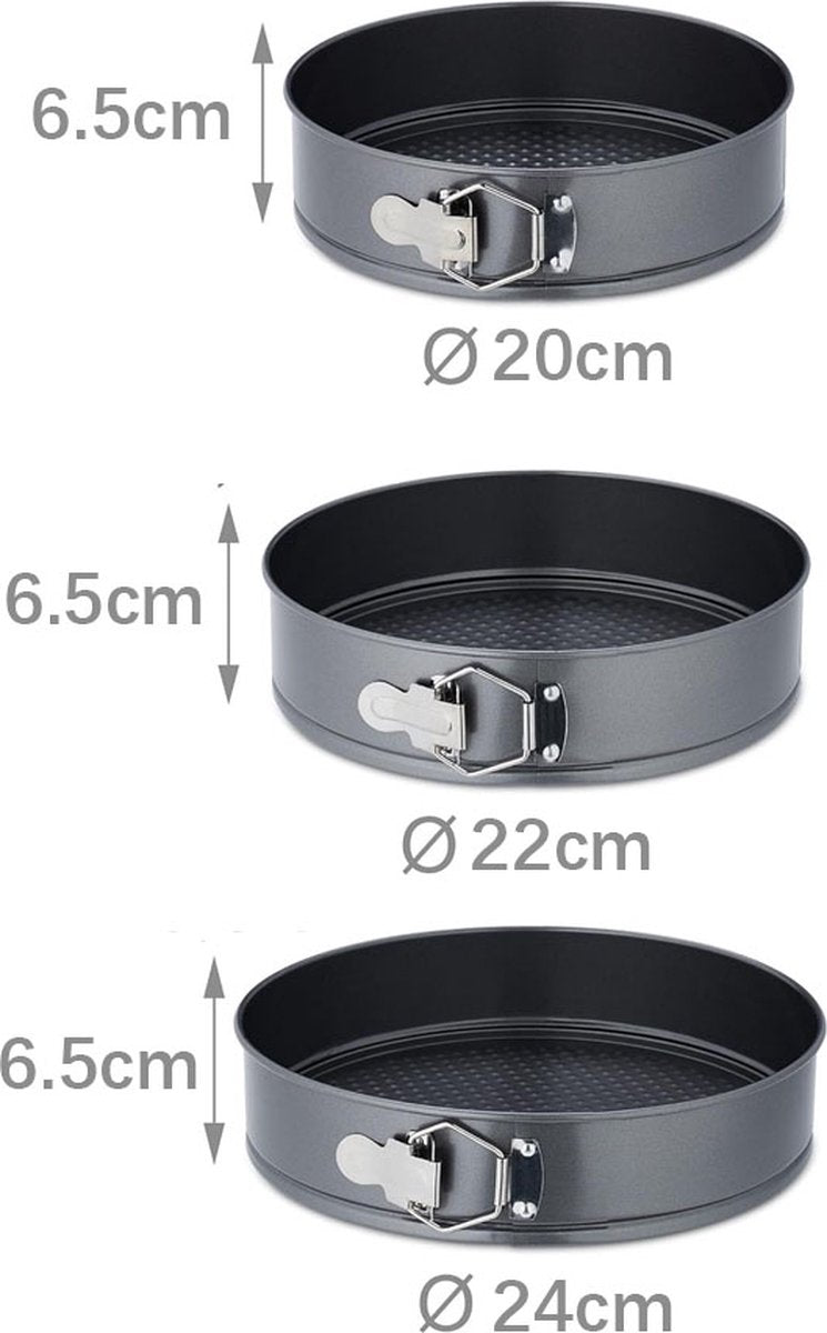 3-Piece Round Springform Set - Round Baking Tin - Cake Pan - Non-Stick Baking Pan - 20, 22 and 24cm - Removable Base - Bakes Evenly - Baking Set - Cake Pan - Dishwasher Safe - Metal - Black - Image 5