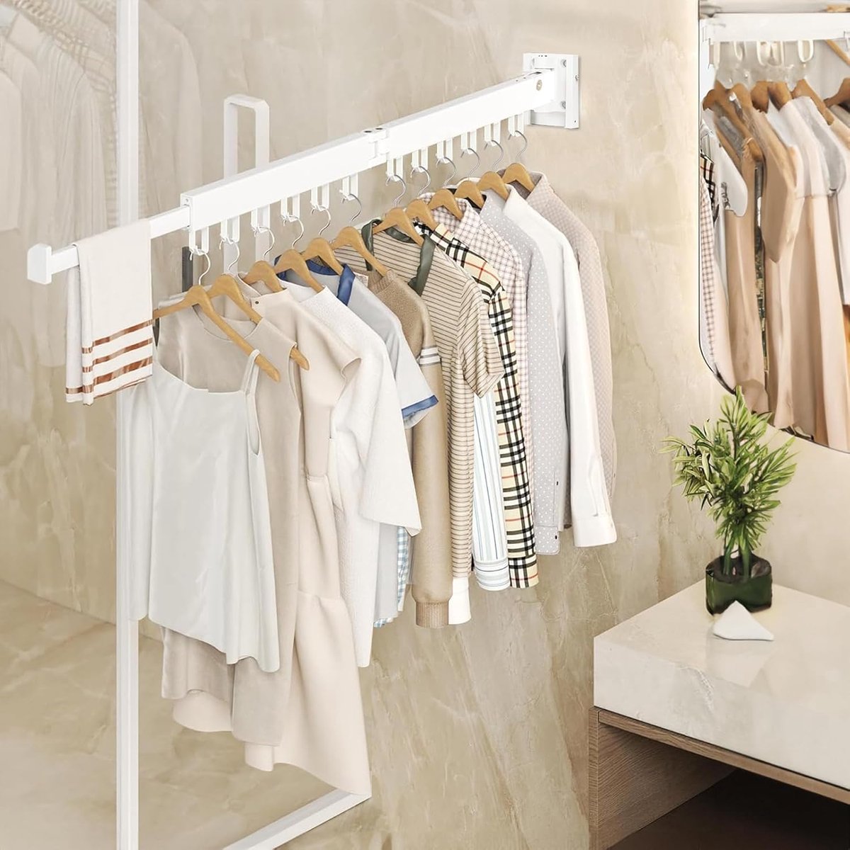 Foldable Wall Drying Rack - Foldable Wall Clothes Rack - Foldable Wall Clothes Rod - 2-Way Drying Rack - Space-Saving - Foldable - For Laundry, Balcony, Bathroom, Terrace, Dormitory, Apartment - White - 1 piece - Image 3