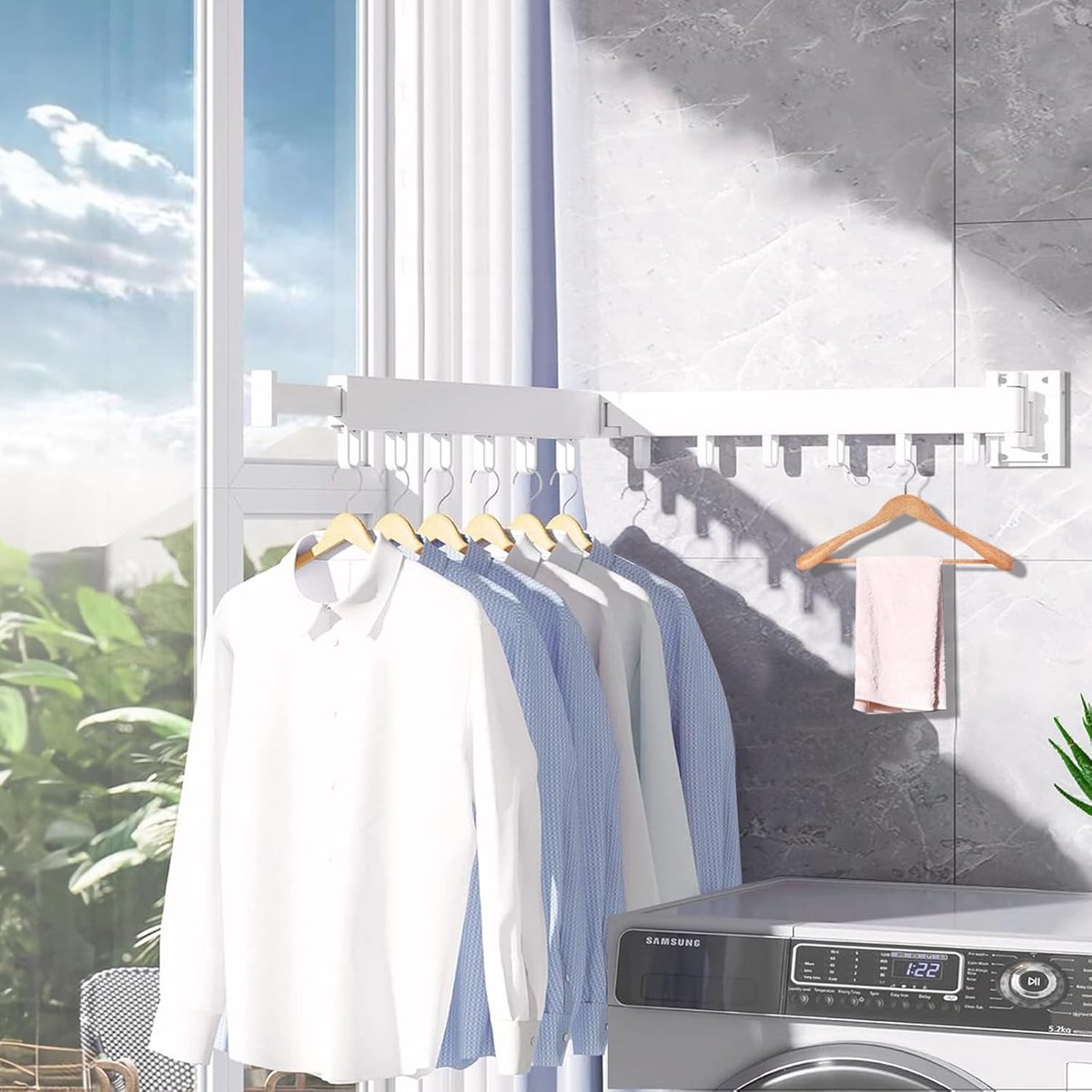 Foldable Wall Drying Rack - Foldable Wall Clothes Rack - Foldable Wall Clothes Rod - 2-Way Drying Rack - Space-Saving - Foldable - For Laundry, Balcony, Bathroom, Terrace, Dormitory, Apartment - White - 1 piece - Image 4