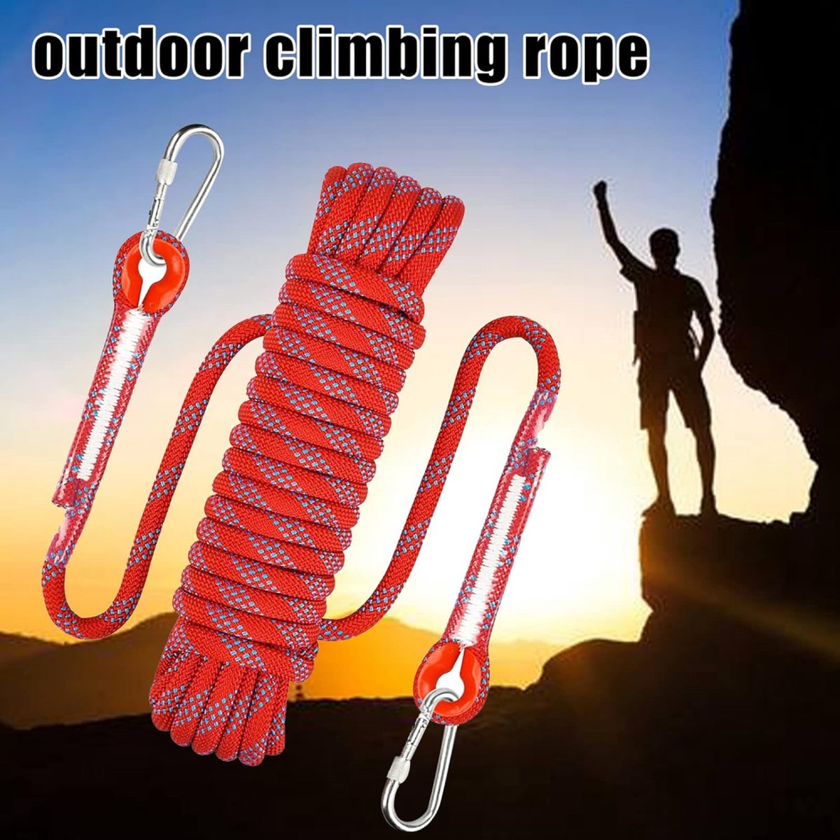 Climbing rope 10 meters - 1000 kg tensile strength - including 2 carabiners - red - Image 3