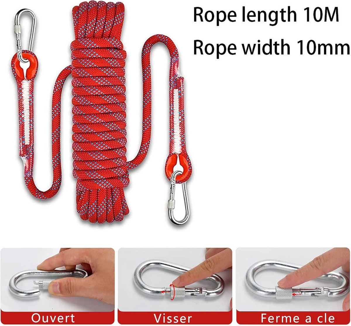 Climbing rope 10 meters - 1000 kg tensile strength - including 2 carabiners - red - Image 4