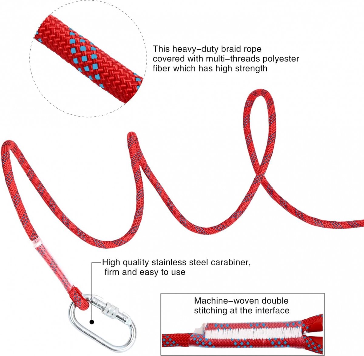 Climbing rope 10 meters - 1000 kg tensile strength - including 2 carabiners - red - Image 5