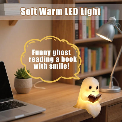Halloween Cute Ghost Reading Lamp - Halloween Ghost Night Light - Halloween Decoration - Ghost Reading Book Lamp - Ghost Decoration - 3D LED Halloween Cute Ghost Figurine Fireplace Chimney Decoration for Home - 15 cm - Warmly Illuminated - Image 3