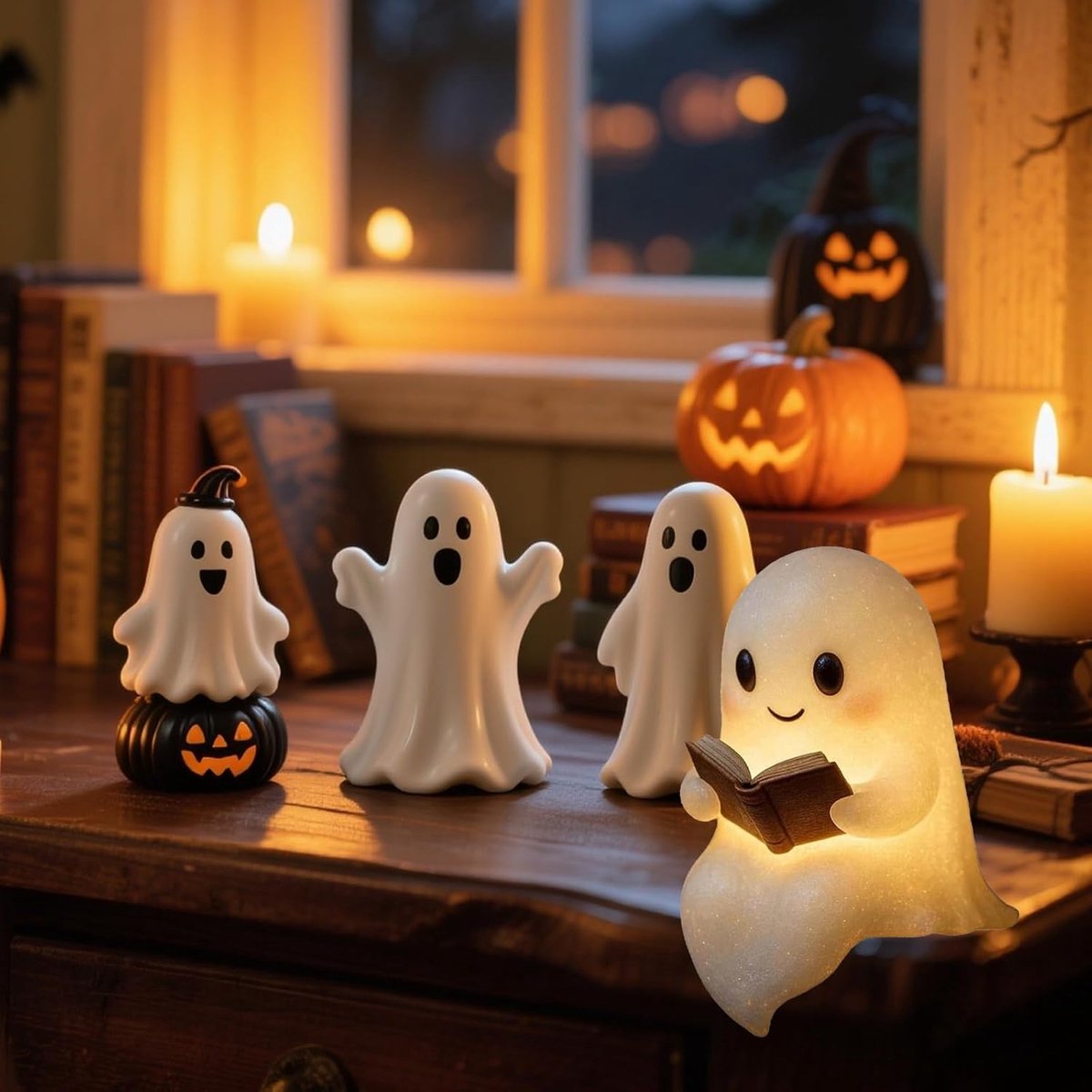 Halloween Cute Ghost Reading Lamp - Halloween Ghost Night Light - Halloween Decoration - Ghost Reading Book Lamp - Ghost Decoration - 3D LED Halloween Cute Ghost Figurine Fireplace Chimney Decoration for Home - 15 cm - Warmly Illuminated - Image 4