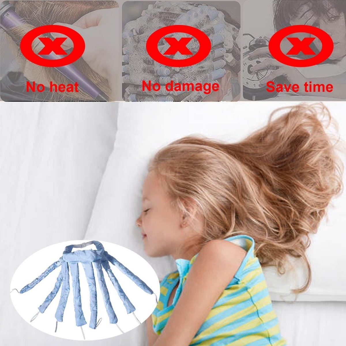 Heatless Curls - Curlers - Heatless Curler - Hair Curler - Curl Rollers - Create Curls Without Heat - Curlers - Hair Rollers - Overnight Curls - Self-Adhesive - Satin - Blue - Harmless & Tasteless - Image 4