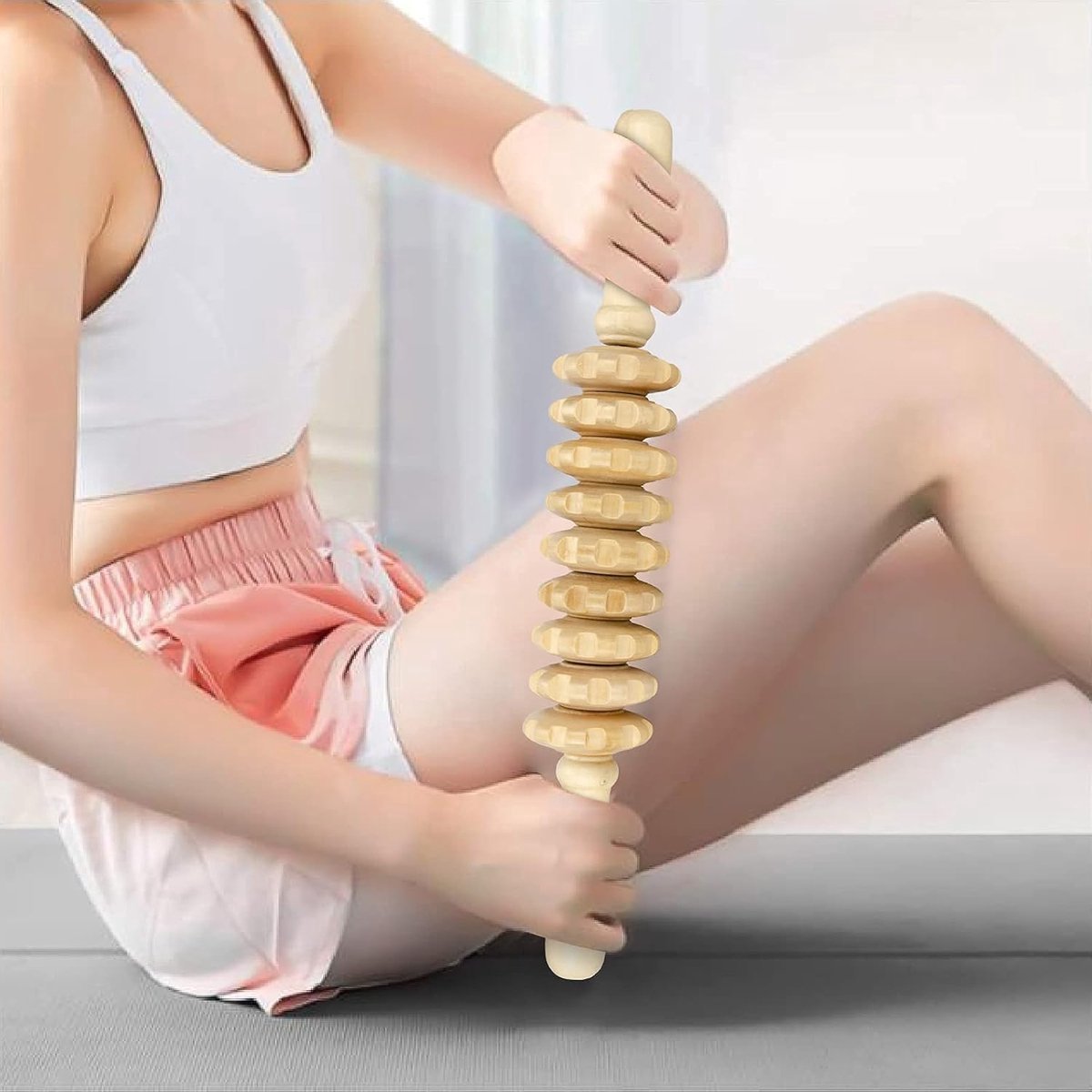 Massage Stick - Massage - Massage Device - 2 Pieces - Relieve Fatigue - Anti-Cellulite Massage Roller Tool - Full Body Massager - Thigh Massager - Natural Wooden Massage Roller - Connective Tissue Massages - Relax - Durable - 9 Wheels - Image 4