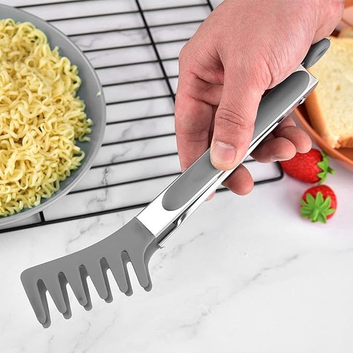 2x Spaghetti Tongs - Kitchen Tongs - Serving Tongs - BBQ Tongs - Stainless Steel and Silicone - Meat Tongs - Heat Resistant - Non-Stick - Barbecue Tongs - Spaghetti Tongs - Salad Tongs - Kitchen Utensils - Barbecue Accessory - 2 Different Shapes - Grey -  - Image 4